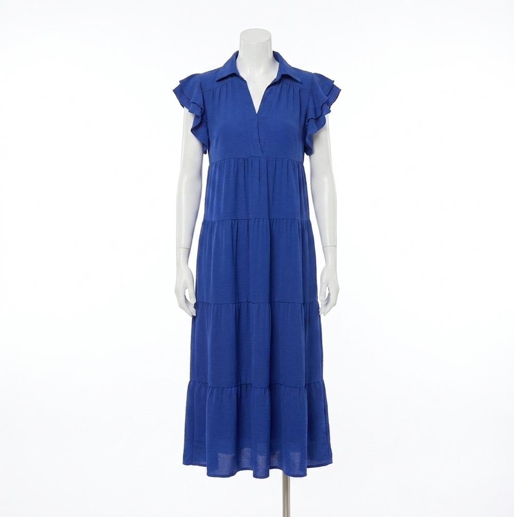 NEW COCO + CARMEN kendall flutter sleeve v-neck tiered dress in cobalt